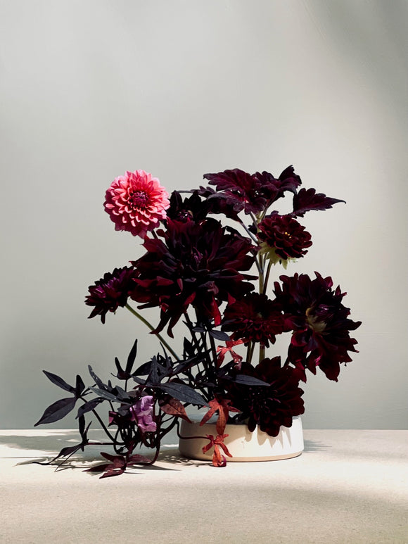 Flowerpsycho floral arrangement in handmade Ikebana Vase